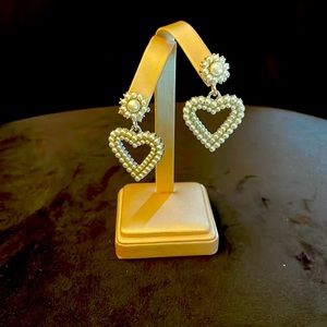 Brand new faux pearl, silver trimmed heart earrings; 2 inches long